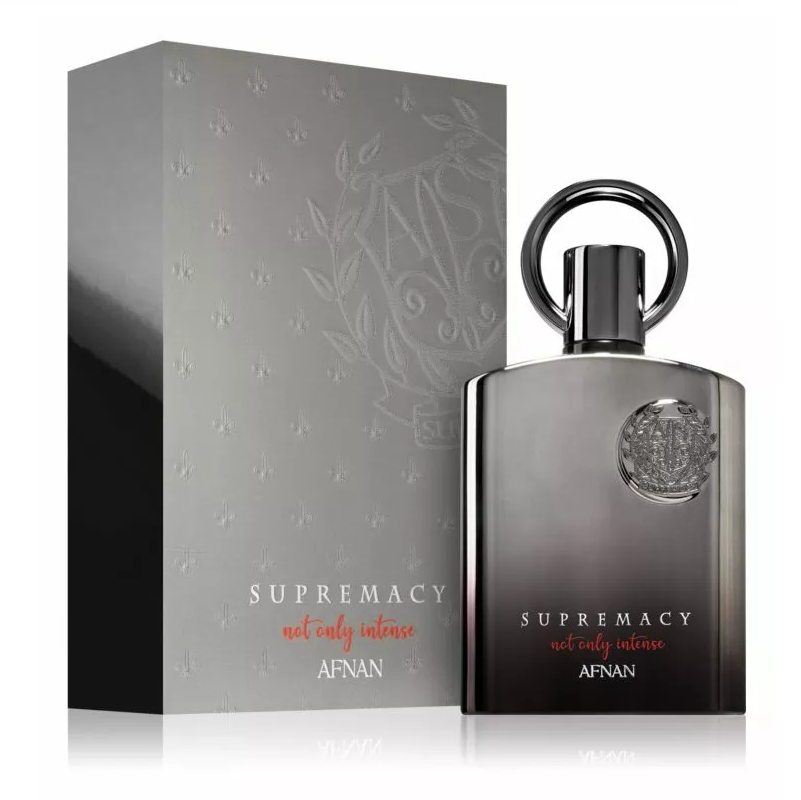Afnan Supremacy Not Only Intense Man Eau de Parfum 100ml (Original) Frasco de perfume fumado e caixa cinza com texto SUPREMACY not only intense AFNAN