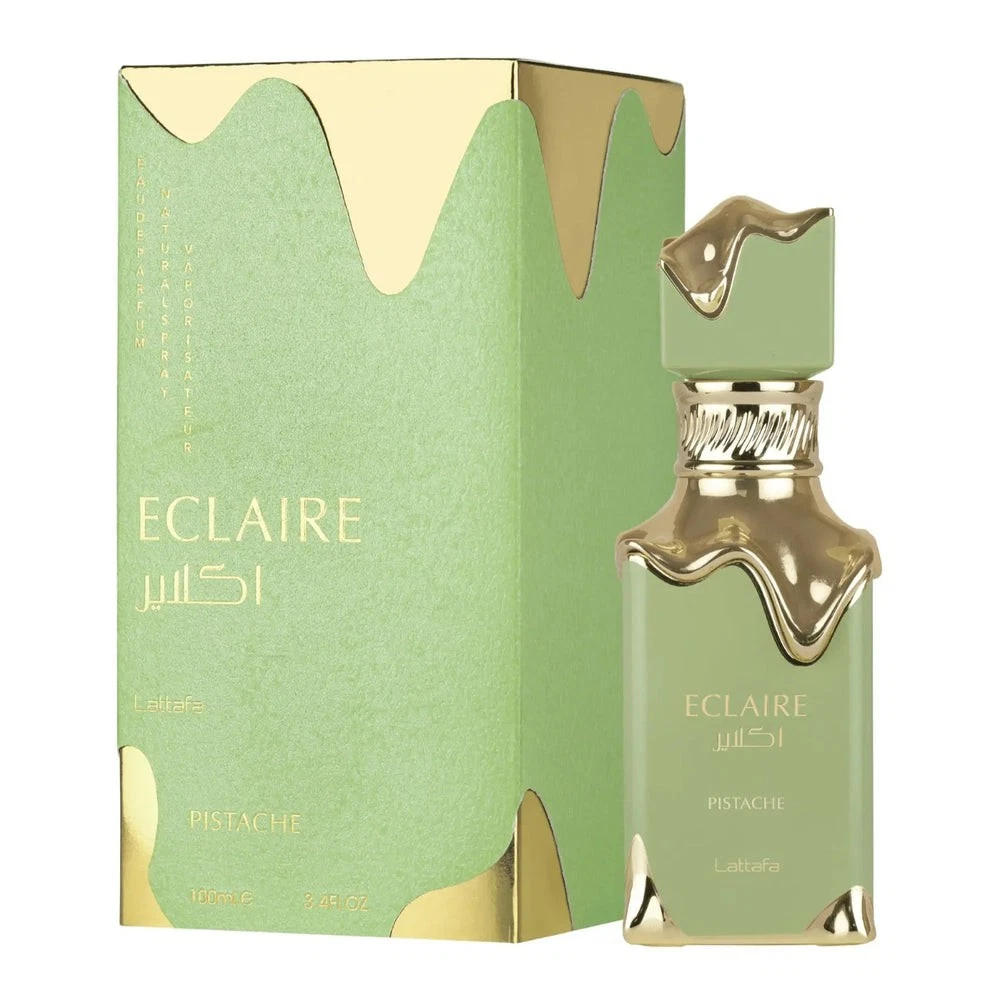 Lattafa Eclaire Pistache Eau de Parfum unissexo 100ml Perfume ECLAIRE Pistache Lattafa frasco e caixa verde e dourado