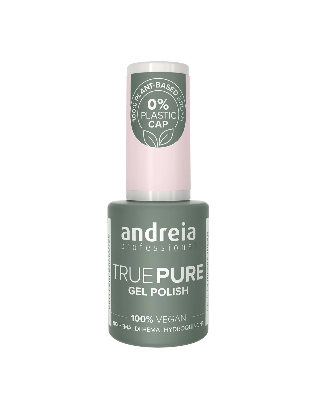 Andreia True Pure Gel Polish 0% Plastic T06 10.5ml Frasco de verniz gel verde com tampa rosa clara, texto branco.