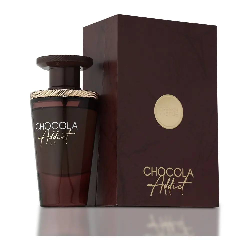 French Avenue Chocola Addict Eau De Parfum 100ml Frasco de perfume e caixa em tons castanhos e dourados