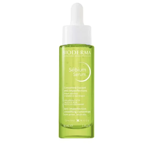 Bioderma Sébium Sérum Anti-Imperfeições 30ml Frasco verde de sérum facial Bioderma Sébium Serum com pipeta branca