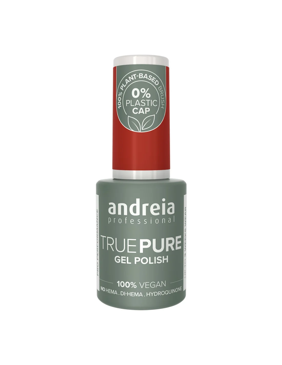 Andreia True Pure Gel Polish 0% Plastic T34 10.5ml Frasco de verniz gel verde da andreia professional com tampa vermelha e etiqueta 100% vegan