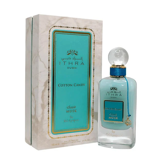 Ard Al Zaafaran Cotton Candy Eau De Parfum 100ml Perfume ITHRA DUBAI Cotton Candy Musk com frasco azul e caixa com rótulo azul e dourado