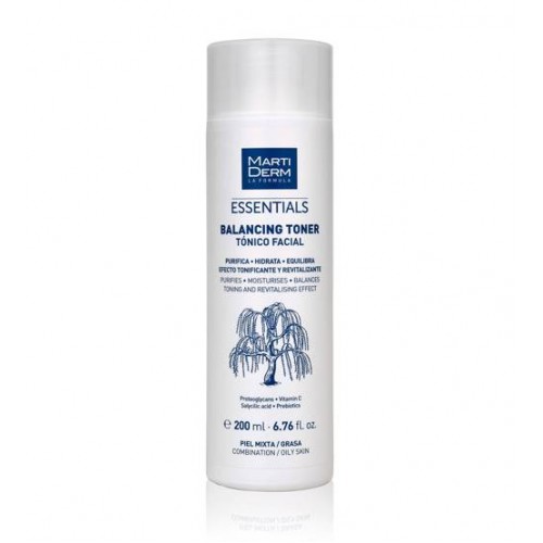 Martiderm Essentials Balancing Toner 200ml Frasco branco de tónico facial Marti Derm Essentials Balancing Toner com texto e ilustração azul