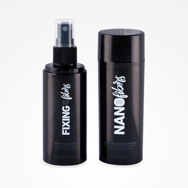 Perfect Beauty - Fibras capilares Preto Dois frascos pretos de produtos para cabelo, um spray FIXING e um NANO.