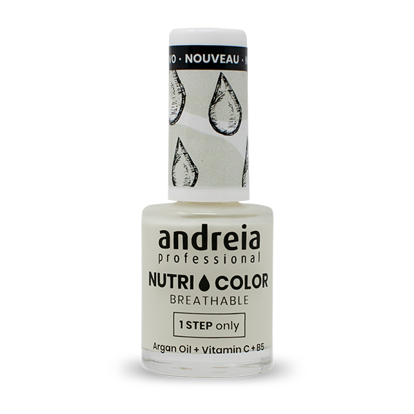 Andreia Verniz Nutricolor NC2 10,5ml Frasco de verniz de unhas Andreia Nutri Color com tampo branco e preto e gotas desenhadas.