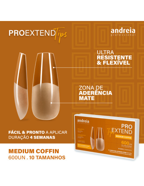 Tips Unhas PRO Extend Medium Coffin Andreia Unhas postiças Andreia Pro Extend Tips Medium Coffin com embalagem e textos explicativos