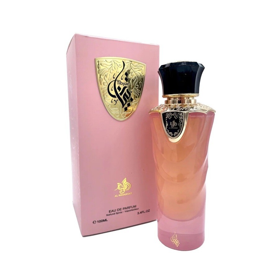 Al Wataniah Tibyan Eau de Parfum 100ml Feminino Frasco de perfume rosa e caixa rosa com detalhes dourados