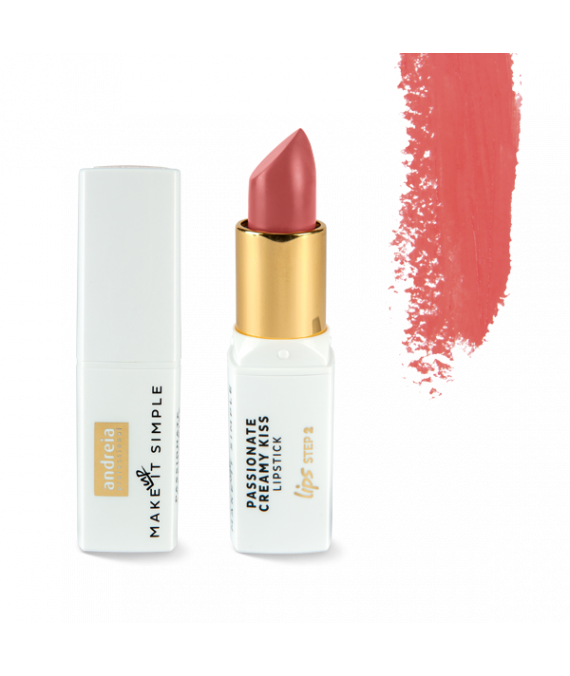 Andreia Lips PASSIONATE CREAMY KISS ? Lipstick 03 Milk Shake Batom rosa com embalagem branca e dourada, texto visível na embalagem e traço de cor