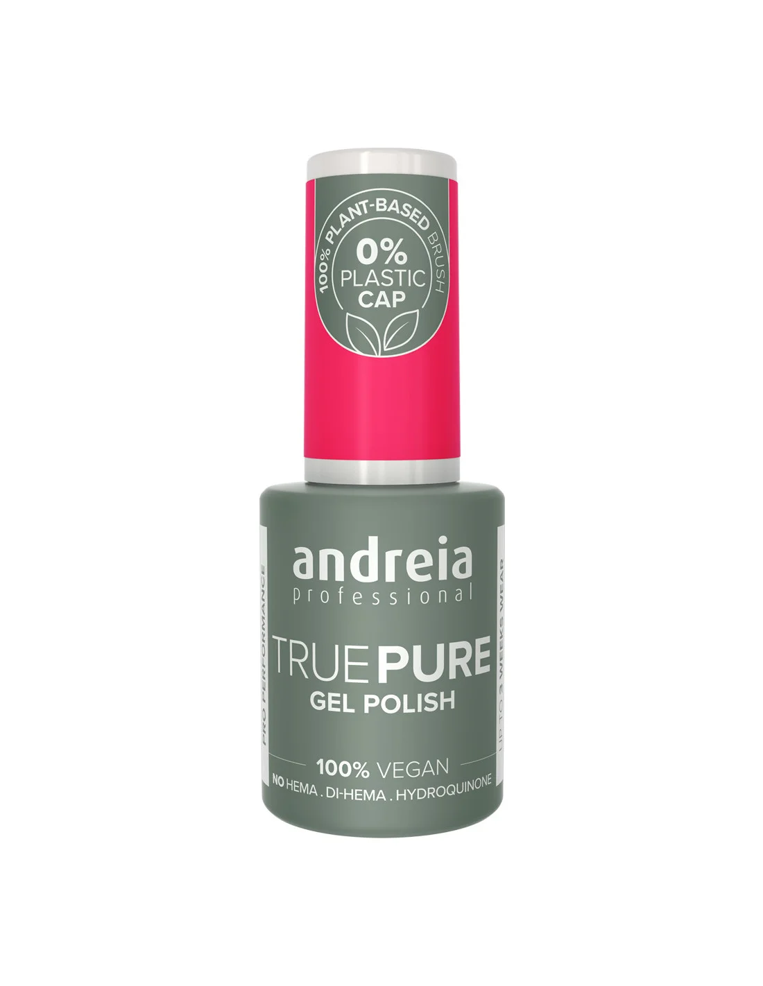 Andreia True Pure Gel Polish 0% Plastic T19 10.5ml Frasco de verniz gel cinza esverdeado Andreia Professional TRUE PURE com tampa rosa e selo 0% plástico.