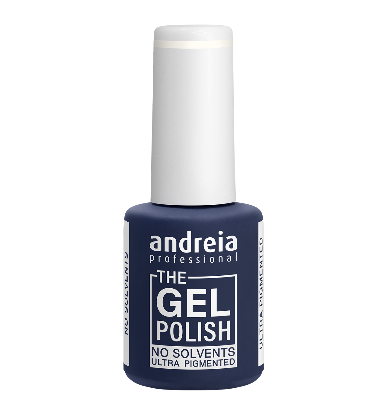 Andreia The Gel Polish G02 10,5ml Frasco de verniz de gel azul escuro com tampa branca e texto no rótulo.