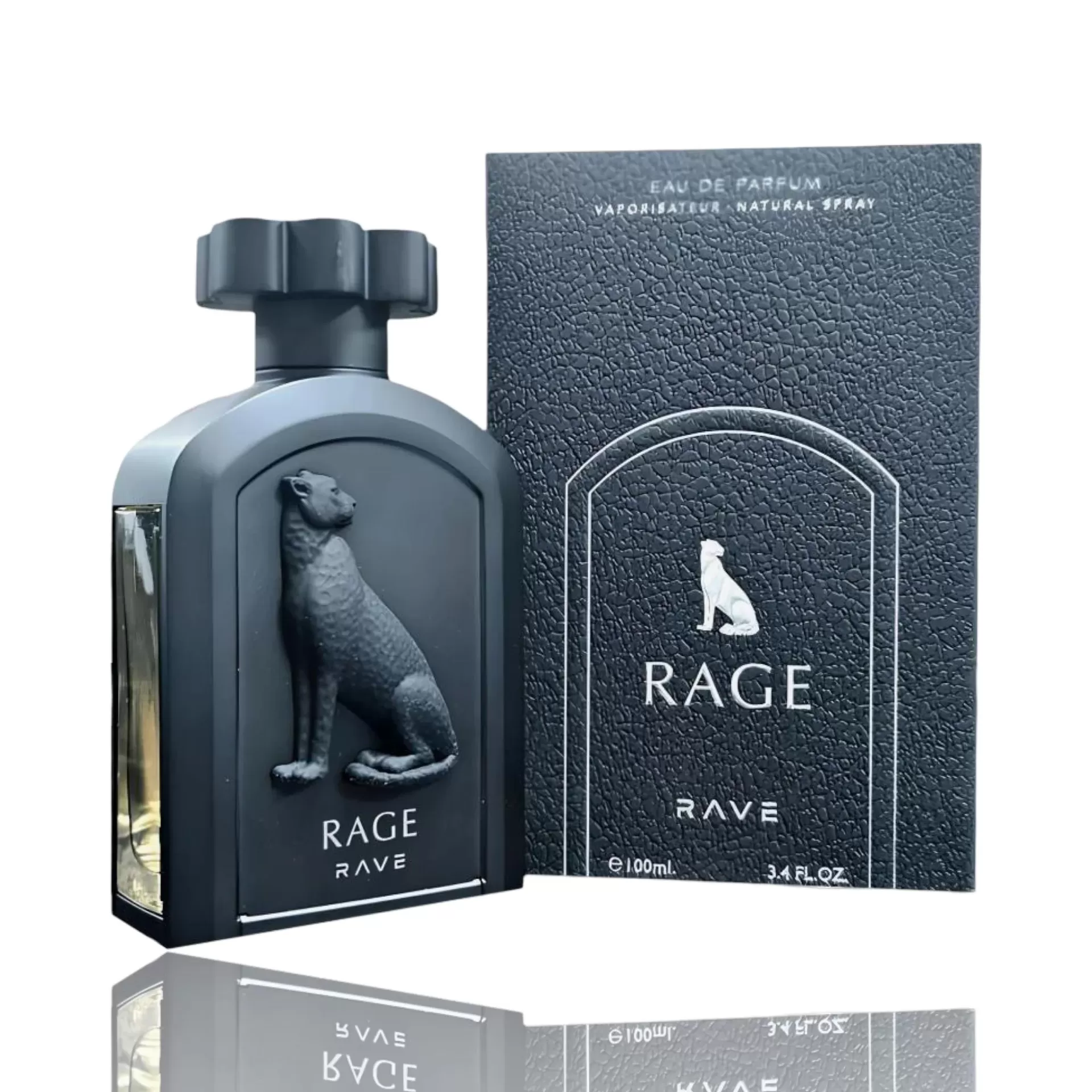 Lattafa Rave Rage Eau De Parfum 100ml Unisex Frasco de perfume preto com relevo de felino ao lado da sua embalagem preta texturizada