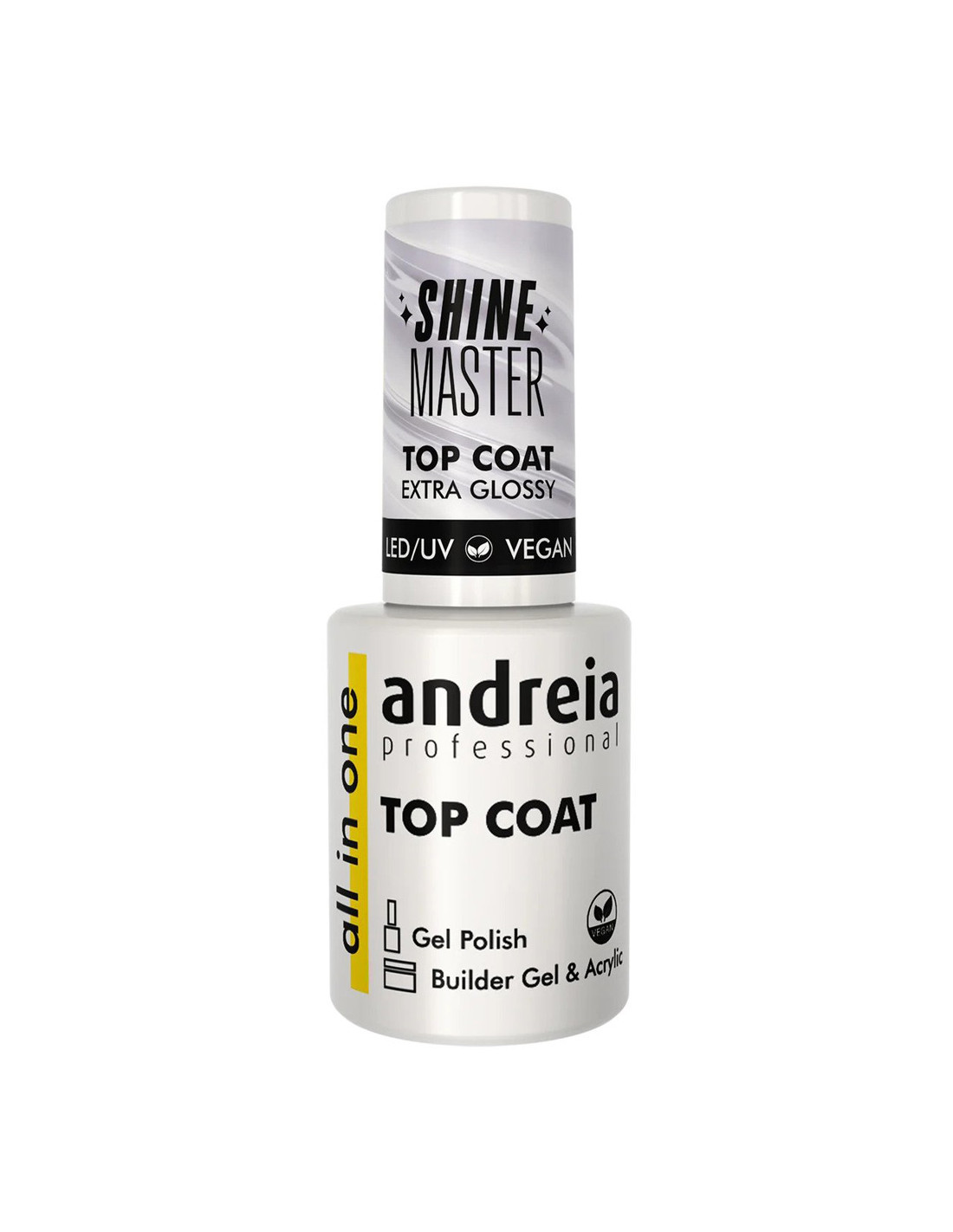 Top Coat All in One Shine Master Andreia Profissional Extra Glossy 10.5ml Frasco de verniz para unhas Andreia Top Coat extra glossy com rótulos em branco, preto e amarelo