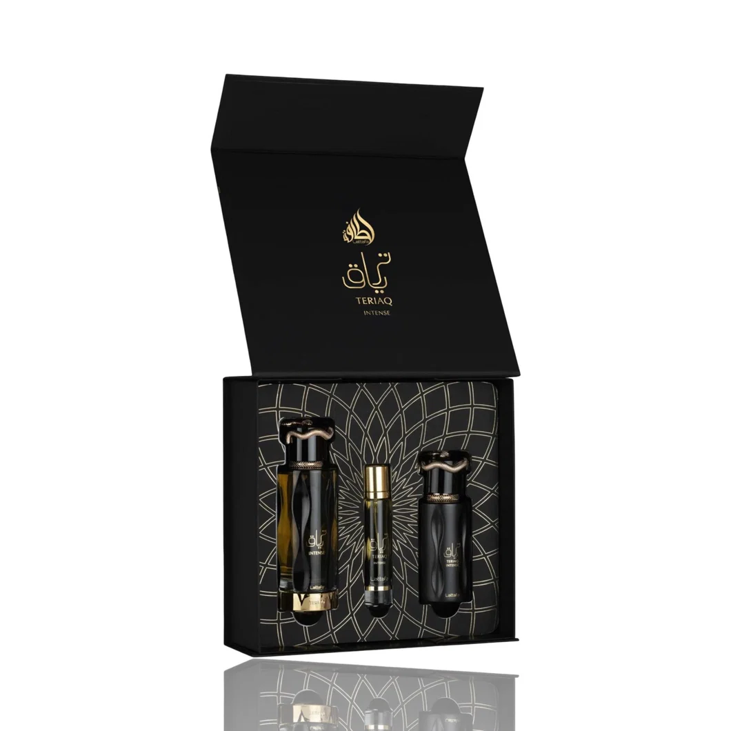 Lattafa 3p Giftset Teriaq Intense By Lattafa Conjunto de perfumes TERIAQ INTENSE em caixa preta com detalhes dourados