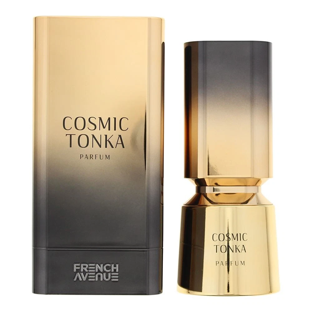 French Avenue Cosmic Tonka Eau De Parfum Unisex 100 Ml Frasco e embalagem dourados e pretos de perfume COSMIC TONKA PARFUM