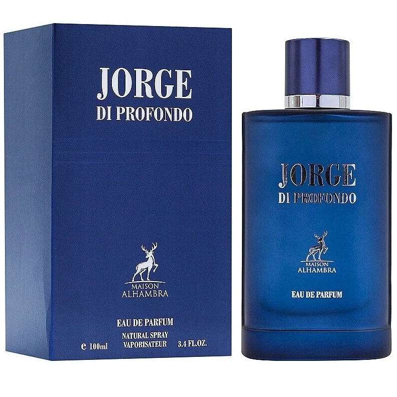 Maison Alhambra Jorge di Profondo EDP 100ml Frasco e embalagem azul do perfume Jorge Di Profondo