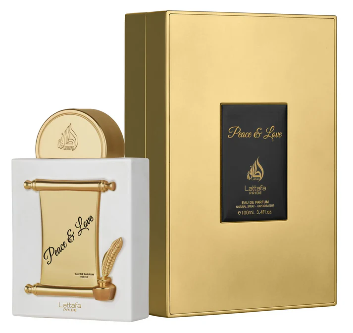 Peace & Love | Best Lattafa Perfumes for Men & Women Frasco de perfume branco e dourado com caixa dourada