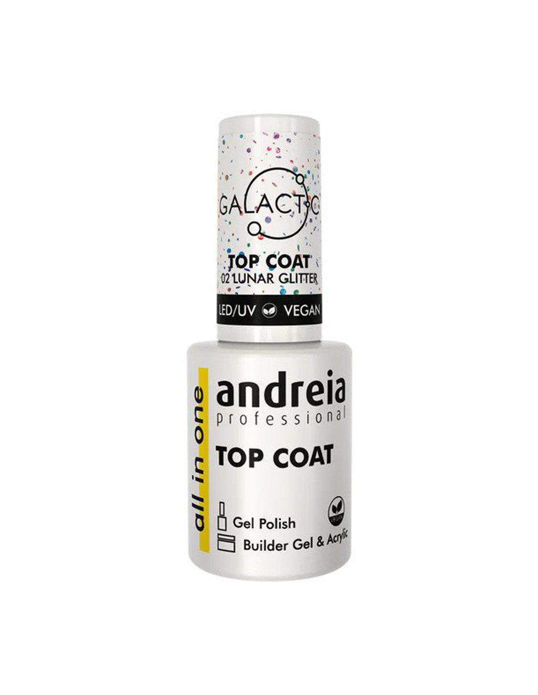 Top Coat All in One Galatic 02 Andreia Profissional Lunar Glitter 10.5ml Frasco de verniz de unhas Andreia Professional Top Coat com tampa branca decorada e texto.
