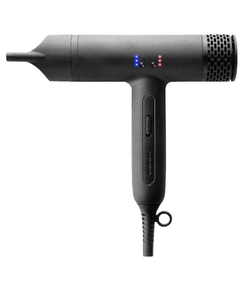 Secador Elchim 8th Sense Anemos Secador de cabelo preto com luzes LED e cabo em forma de T