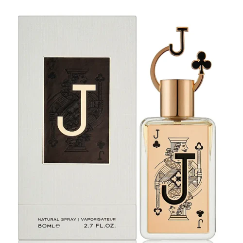 Jack of Clubs Fragrance World 80ml Frasco de perfume com tampa dourada e caixa branca com texto e símbolos de carta de baralho