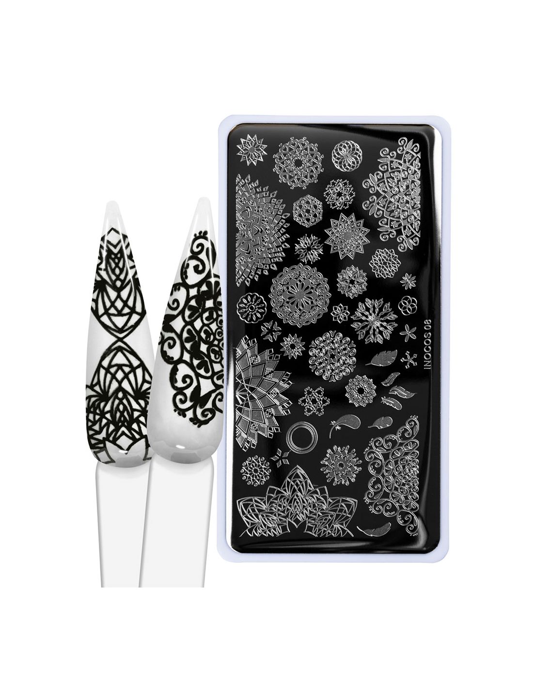 INOCOS Placa de Carimbos 08 Mandala Placa metálica para carimbos de unhas com desenhos florais e geométricos e duas amostras de unhas decoradas.