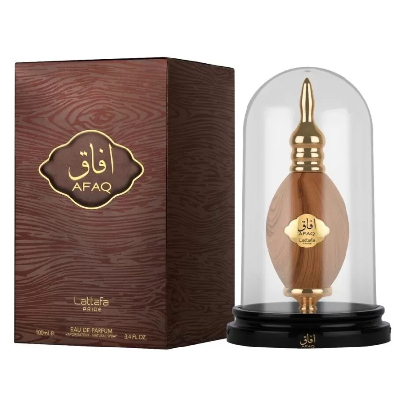 Pride Afaq Gold Eau de Parfum Frasco de perfume decorativo castanho com detalhes dourados dentro de uma cúpula de vidro junto a caixa castanha com padrão de madeira