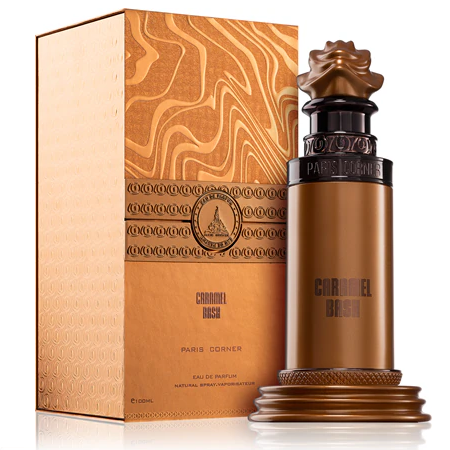 Paris Corner Caramel Bash Eau De Parfum Unisex 100 Ml Frasco dourado de perfume com embalagem dourada decorativa