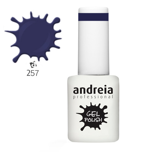 AndreiaProfissional Verniz de Gel 257 - 10.5ml frasco de verniz gel branco com tampa branca e listra azul escura, mancha azul e número 257