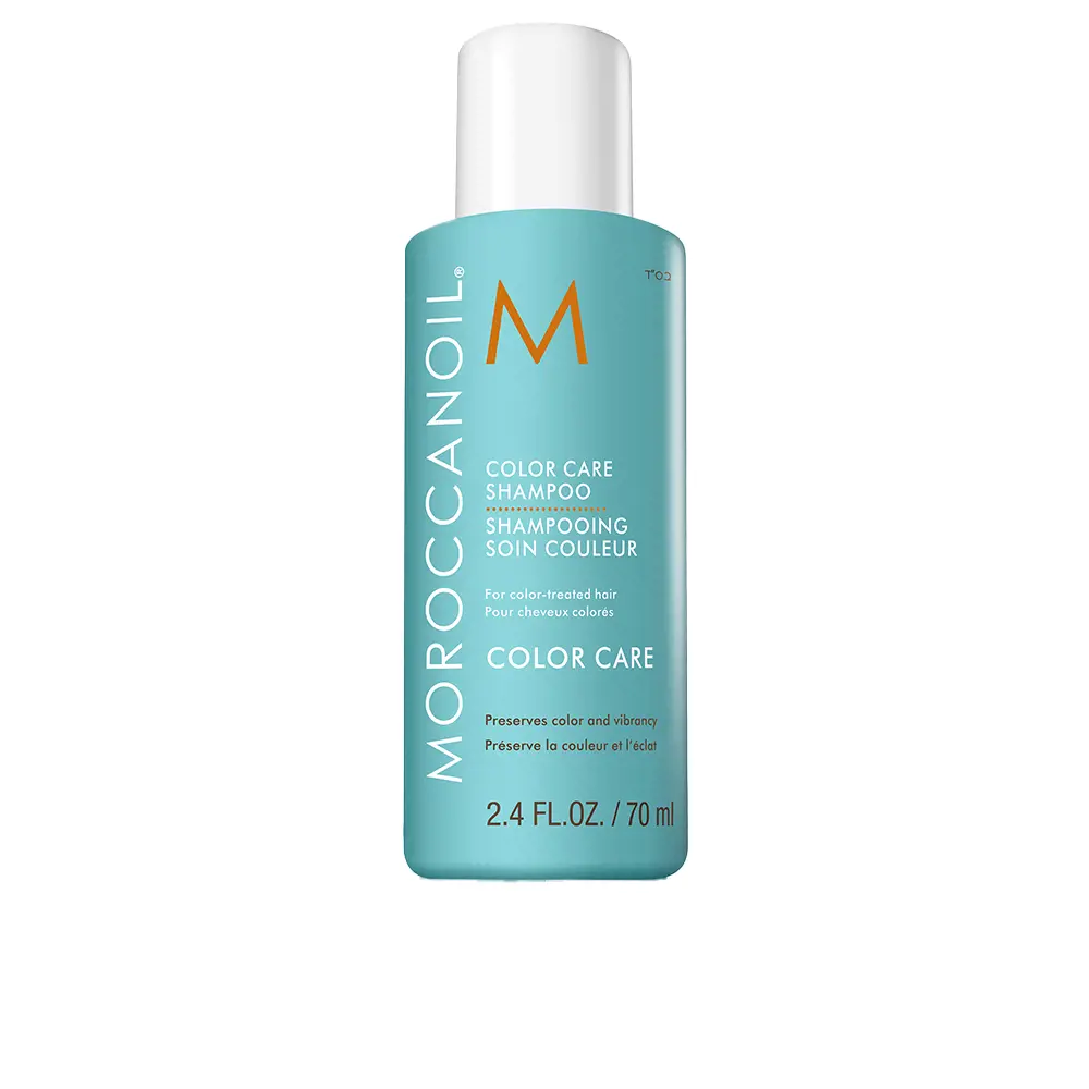 Moroccanoil Color Complete Shampoo 70 ml Frasco de champô Moroccanoil Color Care azul turquesa com tampa branca