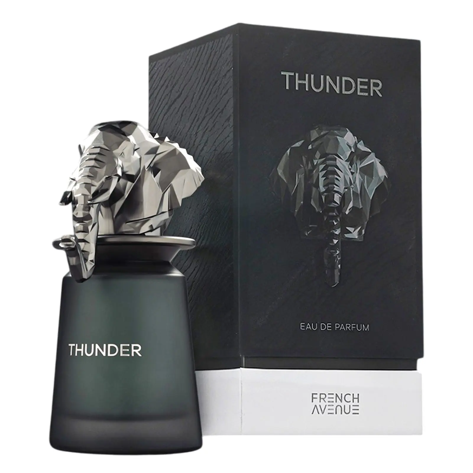 Thunder Extrait French Avenue Masculino 100ml Frasco e caixa de perfume Thunder com tampa em forma de cabeça de elefante prateada