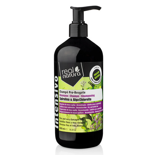 Real Natura Champô Sem Sal Pro-Resgate 500ml Frasco preto de champô Real Natura Pro-Resgate com Spirulina e Alga Chlorella