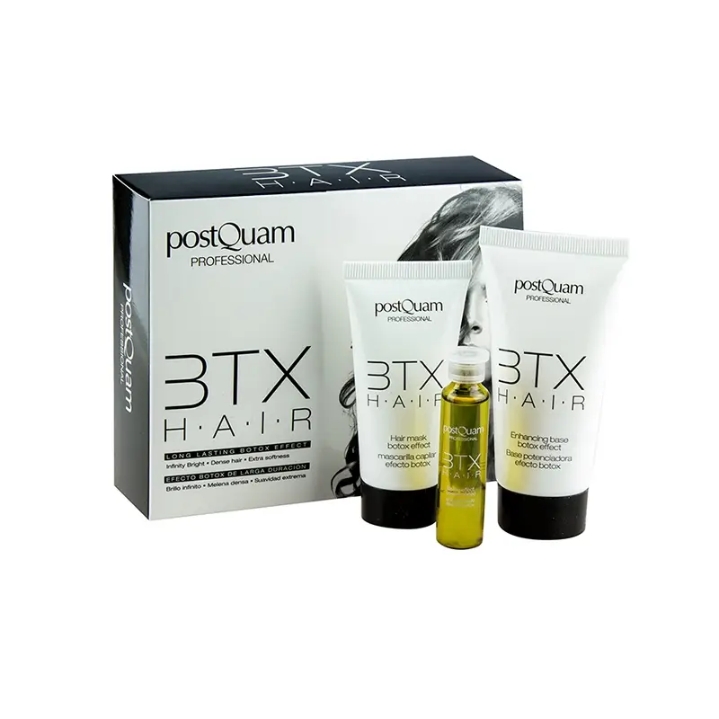 Postquam FIBER BTX. TRATAMENTO CAPILAR Kit de tratamento capilar PostQuam Professional BTX Hair com embalagem preta e branca e frascos brancos e amarelo