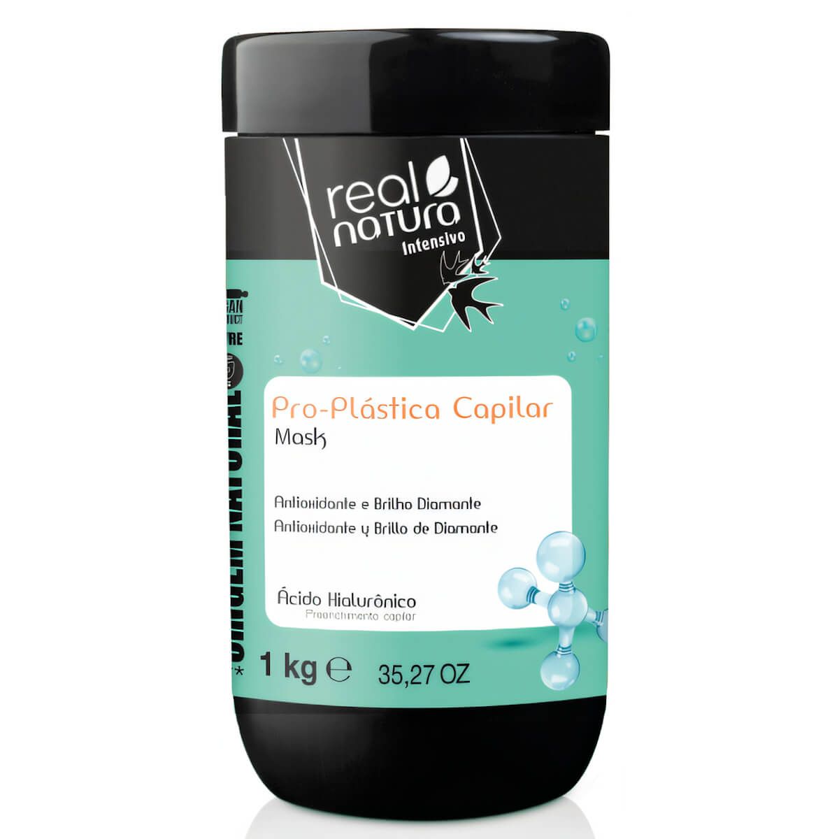 Frasco preto de Pro-Plástica Capilar Mash com rótulo azul e texto em castanho e preto