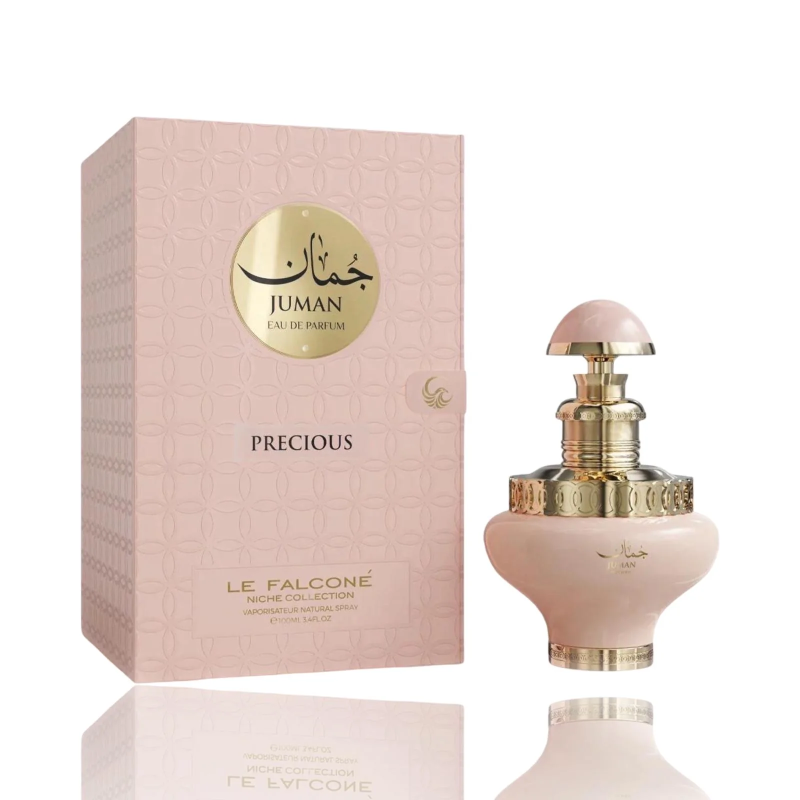 Le Falcone Juman Precious Eau de Parfum for Women 100ml Perfume Juman Precious em frasco rosa e dourado com embalagem rosa