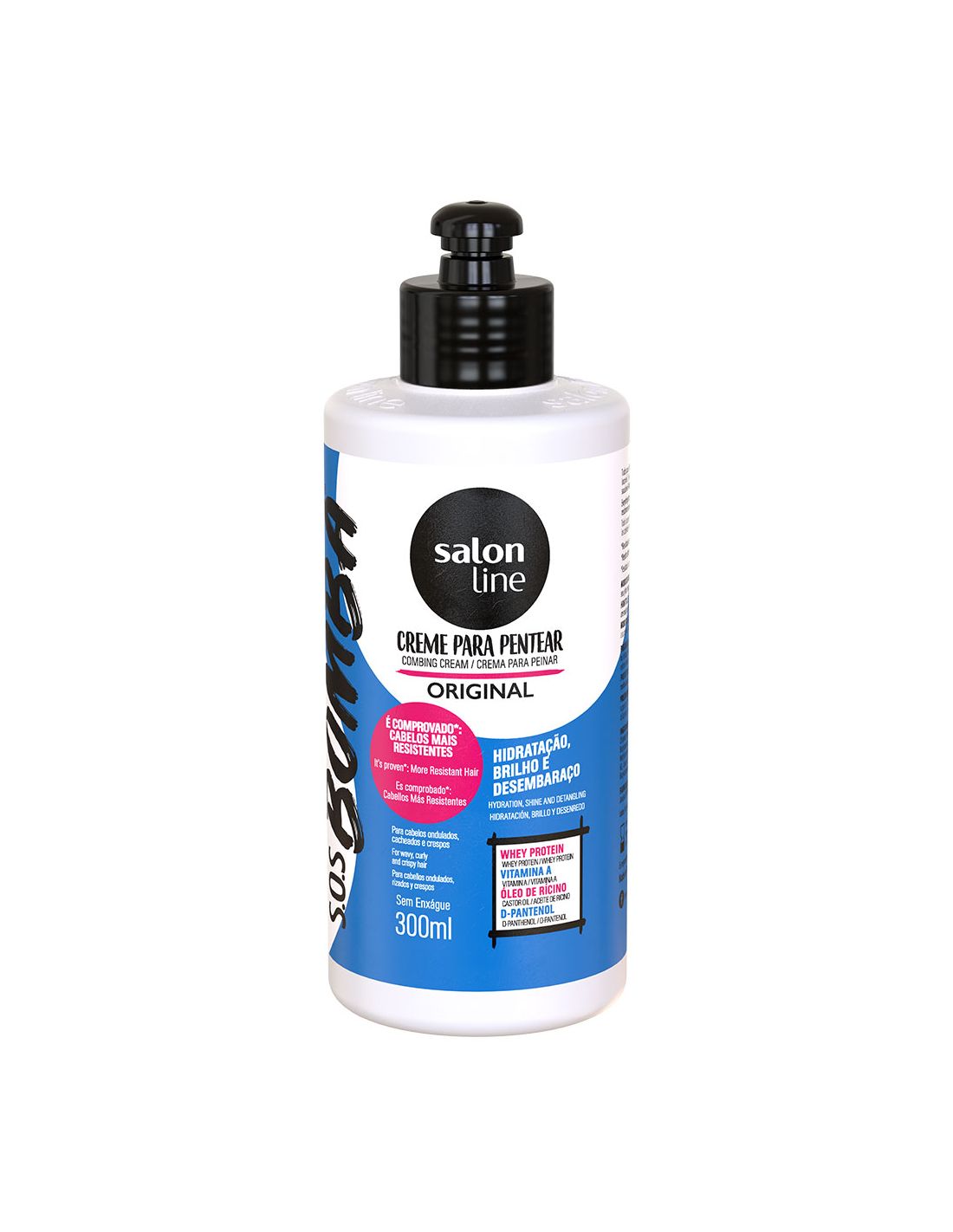 Salon Line Creme de Pentear SOS Bomba Original 300ml Frasco de creme para pentear Salon Line original azul e branco com tampa preta