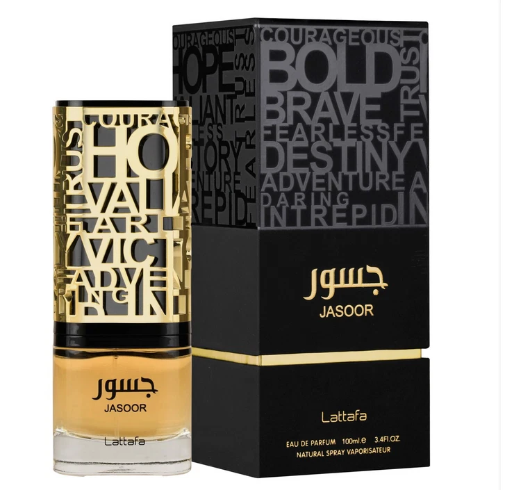 Jasoor Lattafa Perfumes Compartilhável 100ml Frasco de perfume Jasoor com tampa dourada e caixa preta elegante