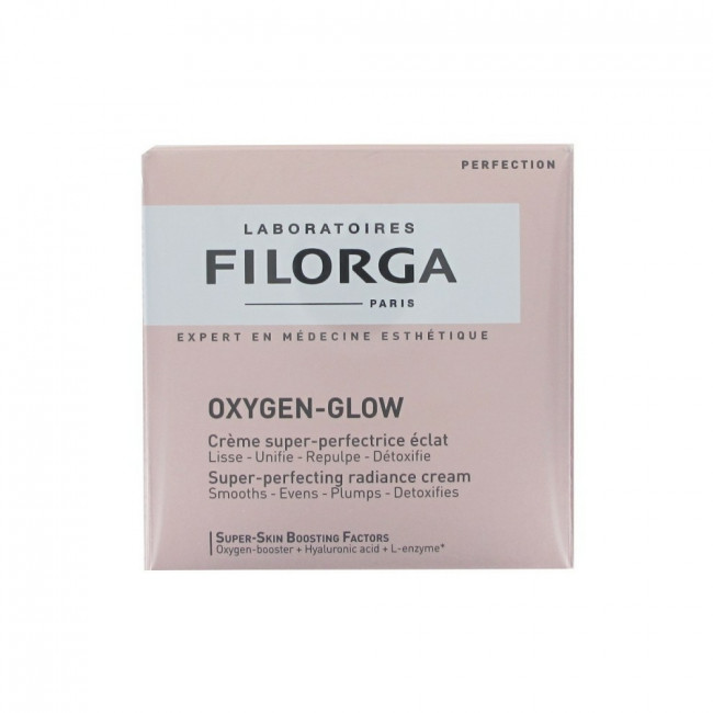 Filorga Oxygen Glow Super Perfecting Radiance Cream 50ml Caixa de creme facial Filorga Oxygen-Glow rosa com texto em preto