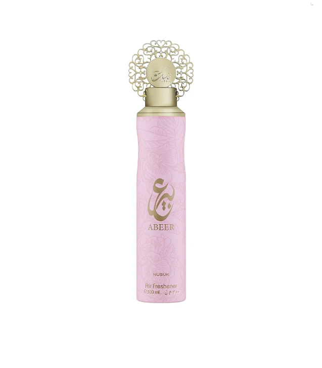 Nusuk Air Freshener Abeer 300ml Ambientador spray rosa com detalhes dourados e design floral, marca ABEER, 300 ml.