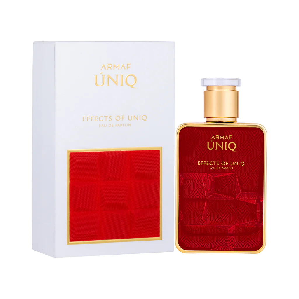 Armaf Uniq Effects of Uniq Eau de Parfum unissexo - 100 ml Frasco e embalagem de perfume Armaf Úniq em vermelho e branco com dourado