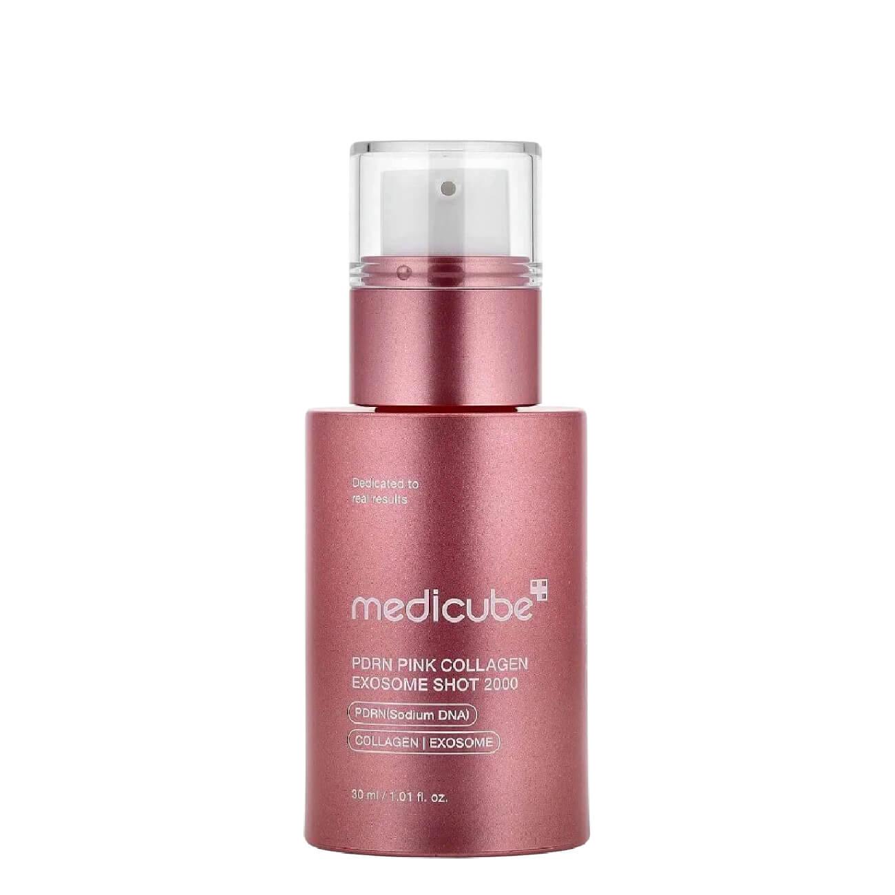 Medicube Pdrn Pink Exosome Shot Serum 2000 30ml Frasco spray rosa metálico para cosmético Medicube com texto e tampa transparente