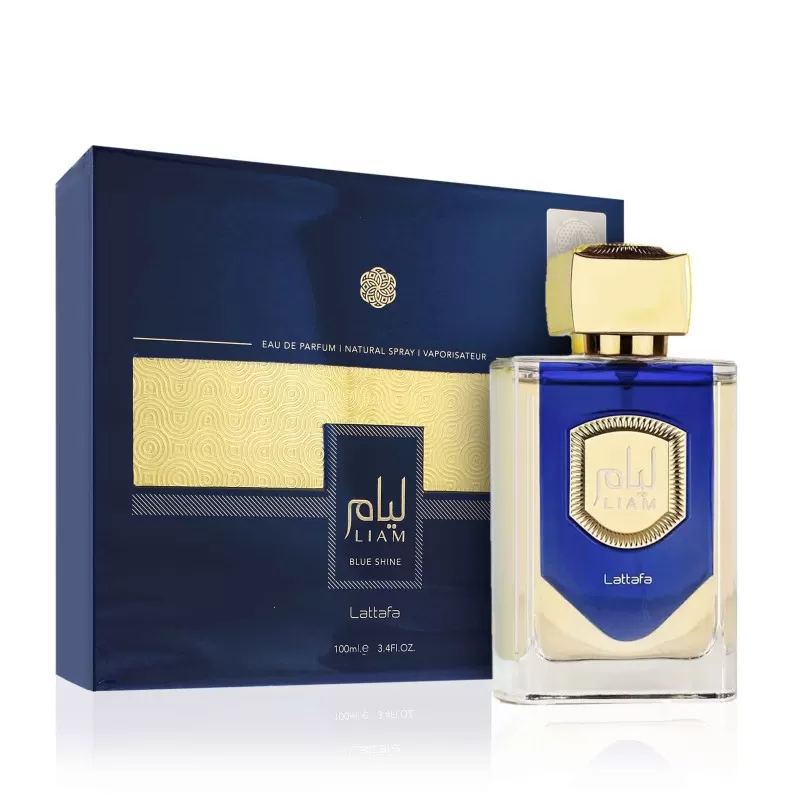 Liam Blue Shine Lattafa Perfume - UNISEX Frasco de perfume azul e dourado junto a caixa azul com detalhes dourados