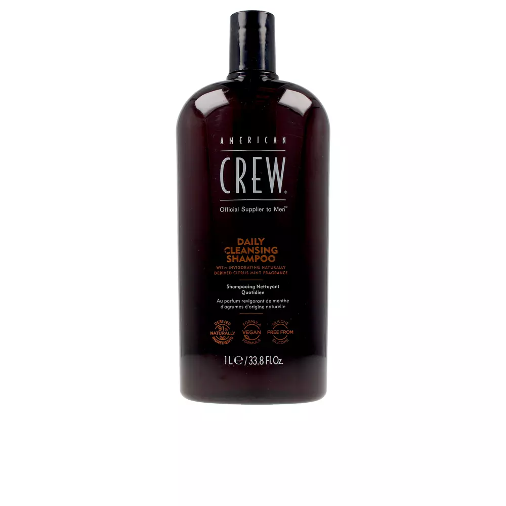 American Crew Daily Cleansing Shampoo 100ml – Champô Masculino Refrescante com Fragrância Citrus Mint Frasco de shampoo American Crew Daily Cleansing Shampoo castanho escuro com tampa preta