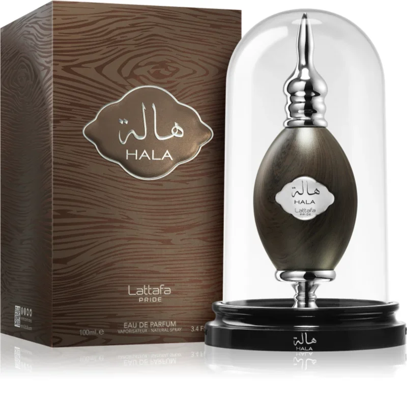 Eau de parfum Hala 100ml - Lattafa Pride Frasco de perfume Hala da Lattafa com embalagem imitando madeira