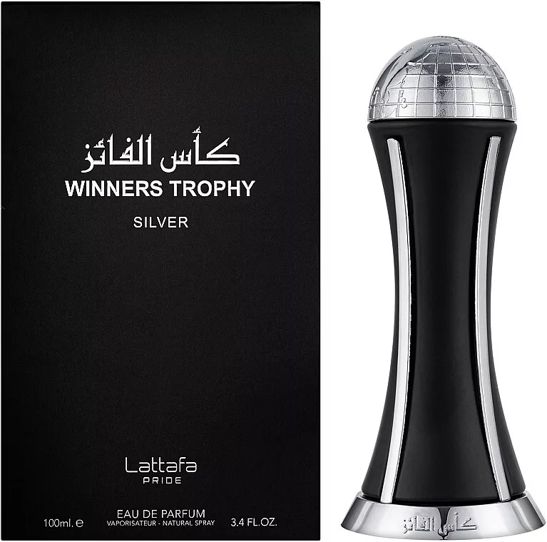 Lattafa Pride Winners Trophy Silver Eau de Parfum unissexo 100ml Frasco preto e prateado de perfume ao lado de caixa preta com texto WINNERS TROPHY SILVER.