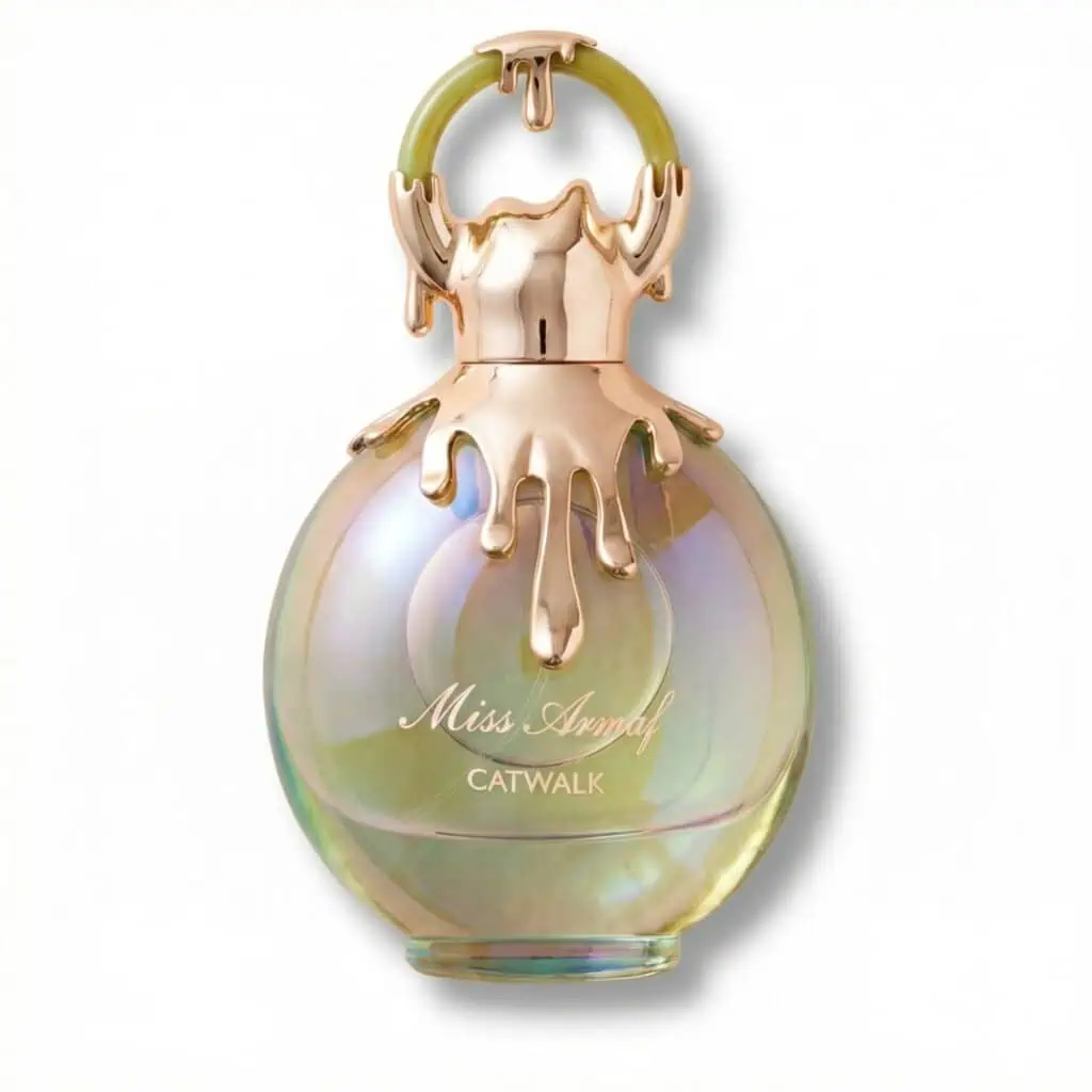 Miss Armaf Catwalk Eau de Parfum 100ml Frasco de perfume Miss Armaf Catwalk com vidro iridescente e tampa dourada