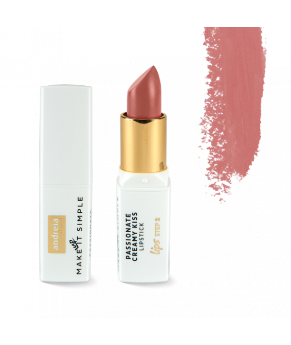 Andreia Lips PASSIONATE CREAMY KISS ? Lipstick 01 Hazelnut batom creme rosa antigo com embalagem branca e dourada