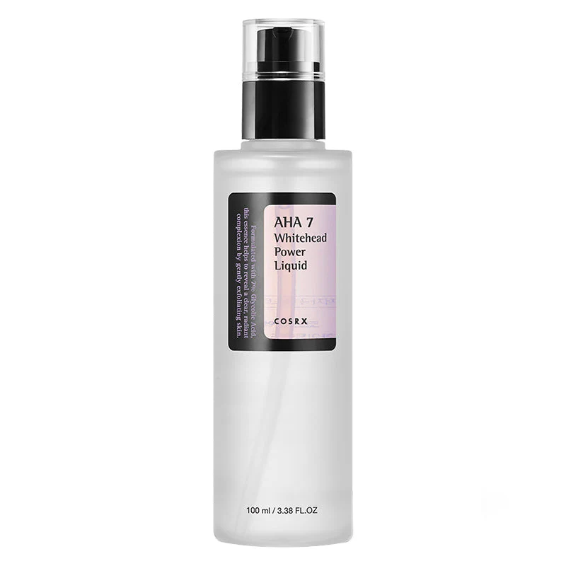 COSRX AHA 7 Whitehead Power Liquid ? Exfoliating Facial Treatment 100ml Frasco de AHA 7 Whitehead Power Liquid COSRX com dispensador preto