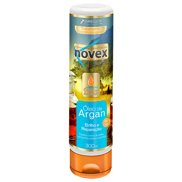 Novex Condicionador Óleo de Argan 300ml Frasco de condicionador Novex Óleo de Argan 300 ml com rótulo azul e dourado