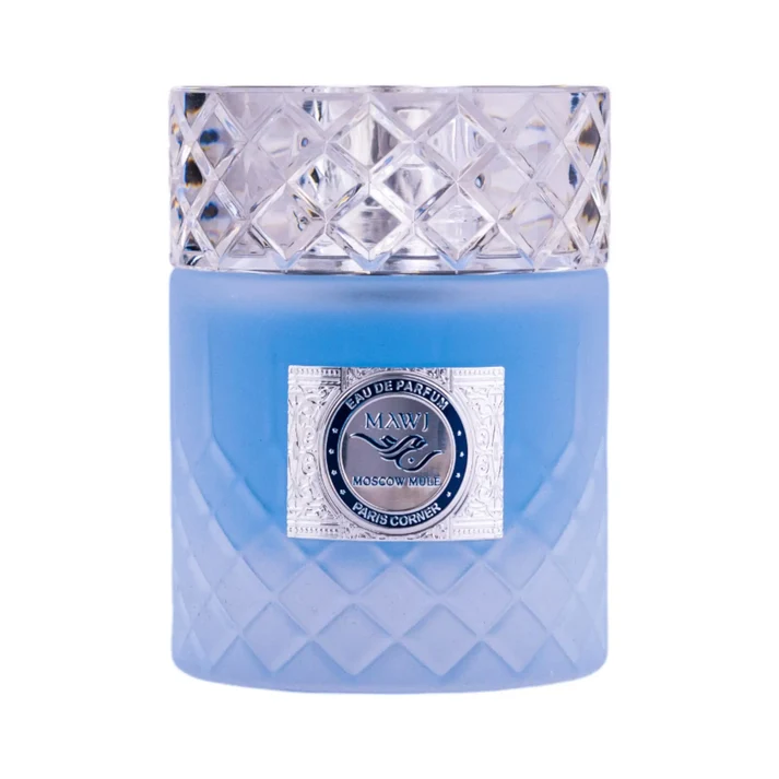 Paris Corner Mawj Moscow Mule Eau De Parfum 100ml Frasco de perfume azul com tampa transparente e rótulo prateado