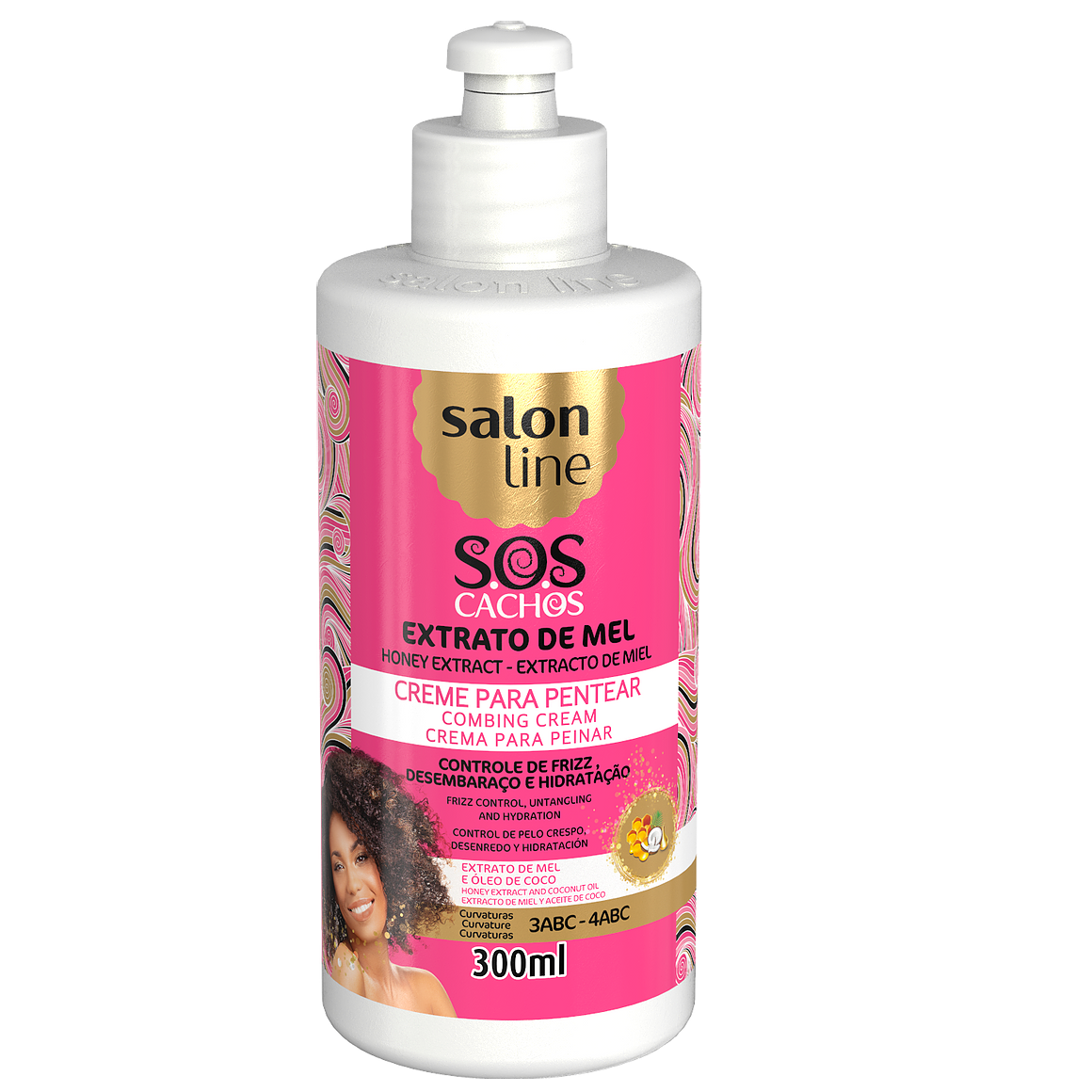 Salon Line SOS CREME PENTEAR MEL CACHOS INTENSOS 300ML Frasco branco do creme para pentear Salon Line SOS Cachos Extrato de Mel 300ml com rótulo rosa